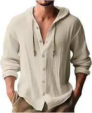 [Generic] Men's Casual Shirt Adjustable Drawstring Hooded Long Sleeves Solid Color Button Down Shirt