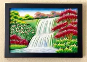 Natural Gems/Gemstone Painting of 2 Tier Waterfall, Ruby Tree, 12"x8", Gifts