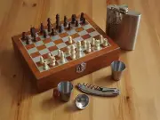 Wooden Chess Game Gift Set 8 oz. Stainless Steel Flask 2 Shot & Wine Opener