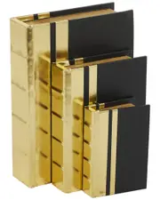CosmoLiving by Cosmopolitan Set Of 3 Gold Faux Leather Faux Storage Book Box With Black Cover And Striped Spine