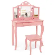 Giantex 2-in-1 Kids Vanity Table Stool Set 3-Color LED Makeup Table Tri-Folding Mirror Dressing Table w/Drawer, Pink