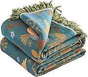 VANJOROY Boho Sofa Bed Large Throw Blanket Decor, Ultra Soft Luxury Throw Quilt, 100% Organic Cotton Reversible Bohemian Throw for Couch Chair Bedspread and Gift, 91" x 98"-Teal