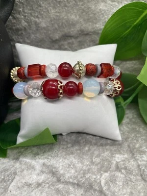 2 PC Handmade Bohemian Beaded Stackable 7” Plus Stretch Bracelet Set New B1677