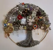 Jewelry Tree in metal ring. Wall art. Junk jewelry. Mixed Media OOAK