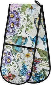 Spring Bird Butterfly Floral Double Oven Mitt Heat Resistant Non-Slip Kitchen Gloves Extra Long 7" x 35" for Cooking Baking Barbecue Grilling