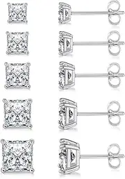 [MDFUN] 18K White Gold Plated Princess Cut Clear Cubic Zirconia Stud Earring Pack of 5 Pairs