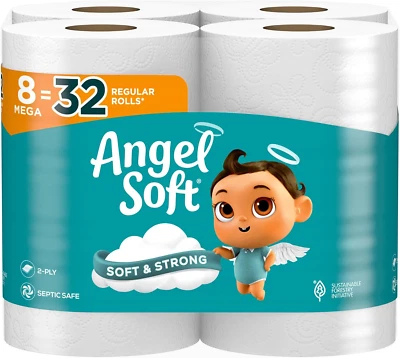 Angel Soft Toilet Paper, 8 Mega Rolls (4=1), Soft & Strong, Septic Safe