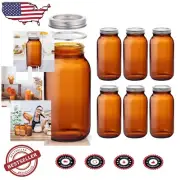Set of 6 Amber Glass Mason Jars - 64 oz Airtight Canning & Storage Containers