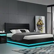 Artiss King Bed Frame Platform Headboard RGB LED Gas Lift Beds Base with Storage Space Frames Bedroom Room Decor Home Furniture, Upholstered with Black PVC Leather + Foam + Wood