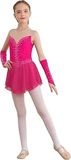 [TiaoBug] Girls Figure Ice Skating Outfits Kids Roller Skating Rhinestone Leotard Dance Dress with Performance Costume
