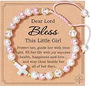 [HGDEER] Dear Lord Bless This Little Girl, Pink Pearl Shell Cross Adjustable Bracelet for Girls, Baptism, Easter, First Communion, Confirmation Christian Gifts for Godchild Kids