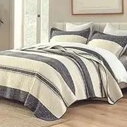 CozyQQ Beige Gray King Quilts - 100% Organic Cotton Striped Quilts King Size, Farmhouse Lightweight King Bedspread, Neutral Gift Modern All-Season 3-Piece Quilt Bedding Set with 2 Pillow Shams