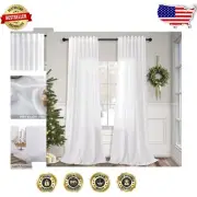 102" White Linen Semi-Sheer Curtains - 2 Panel Set with Back Tabs & Rod Pocket