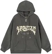 [Sumleno] Y2K Zip Up Hoodie Letter Print Star Graphic Grunge Hooded Corduroy Sweatshirt Jacket Oversized Retro Y2k Clothing