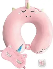 urnexttour Neck Travel Pillow for Kids, Unicorn Airplane Memory Foam Pillow with Cute Sleep Mask & Earplugs, Lightweight Travelling Sleeping Pillow Set for Car, Train, Bus and Home Use (Pink)