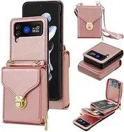 UDBKKDX Wallet Case for Samsung Galaxy Z Flip 5, Matte Leather with Viewing Stand Camera Lens Protection Shockproof Multiple Card Holders Cover Shoulder Straps Zipper case Cover