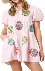 [Yiulangde] Holiday Sequin Graphic Dress for Women Festival Puff Sleeve Mini T-Shirt Dress Sparkly Glitter Ruffle Short Dresses