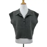 Zara Wool Blend Polo Vest Womens M Medium Gray Collar Cap Sleeve Cropped Knit
