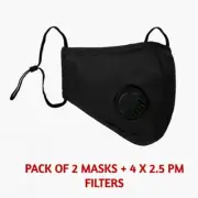 2 Pack Reusable Washable Cloth Face Mask w/ Air Port + 4 x PM2.5 Carbon Filters