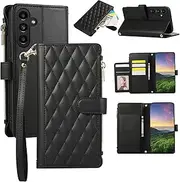 [Boyobacase] for Samsung Galaxy A35 5G Wallet Case,for Galaxy A35 5G Case, PU Leather Wallet Flip Cover Stand Feature[6 Card Slots] [1 Zipper Coin Pocket] with Wrist Strap-Black