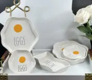Rae Dunn Family Set of 5 Small & Large Plates with egg & BACON Plate Ceramic New