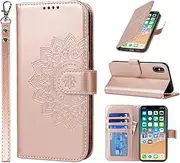 Cavor Wallet Case for iPhone X, iPhone Xs 5.8'' PU Leather Case Magnetic 3D Embossed Flower Women Flip Kickstand with Card Holder Wristlet Hand Strap Protective Cover-Flower Rose Gold