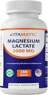 Vitamatic Magnesium Lactate 2000mg per Serving – 180 Tablets – Supports Muscle, Heart, Bone & Nervous System Health* – Non-GMO, Gluten Free, No Artificial Additives
