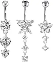 [Decentraland] 1SET Silvery Tesselation Zircon 1.6mm(14G) Long Hypoallergenic Belly Button Ring Piercing Kit For Women Body Piercing Jewelry Flower Butterfly Titanium Steel Stainless Steel 10mm