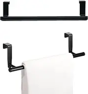 XUTONG Stainless Steel Over Door Towel Rack,Over Cabinet Towel Bar Kitchen Bathroom Towel Holder Storage,Fit on Over Cabinet Cupboard Doors,Matte Black 2 Pack（Black