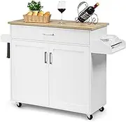 Giantex Wooden Rolling Kitchen Island, Storage Cart Trolley w/Adjustable Shelf, Spice Storage Sgelf, Towel Rack & Drawer, Utility Buffet Cabinet w/Beech Top for Kitchen Dinning Room Canteen, White