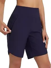 [baleaf] Women's Long Swim Shorts High Waisted with Zip Pokcets Summer Traval Pants