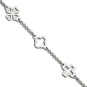 [JewelryWeb] Stainless Steel Polished Fancy Lobster Closure Religious Faith Cross and Clovers Bracelet 19 Centimeters 10mm Wide Link-Bracelet for Women