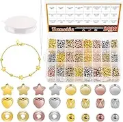 Tanstic 2402Pcs 6 Styles Spacer Beads Set, 4 Colors Round Beads Heart Beads Star Spacer Beads Smooth Loose Ball Beads Assorted Loose Beads with Needle and String(Gold, Rose Gold, Silver, KC Gold)