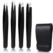 Set of 4 Eyebrow Tweezers, Flat, Slanted, Pointed and Hooked 4 Tweezers for Eyebrows Facial Hair, Ingrown Hair Removal Splinter and Tick Remover, Daily Beauty Tool