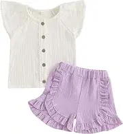 [Kavousa] Toddler Baby Girl Summer Clothes Ruffle Short Sleeve Shirt Top Bloomers Short Set 2 Piece Cute Baby Girl Outfit