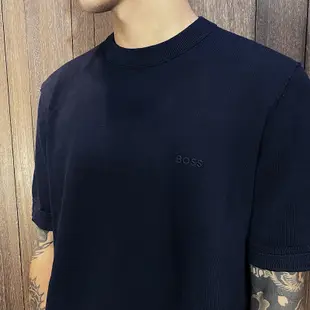 美國百分百【全新真品】BOSS 短袖 針織 T恤 圓領 T-shirt 休閒 上衣 LOGO 短T 深藍 CP79