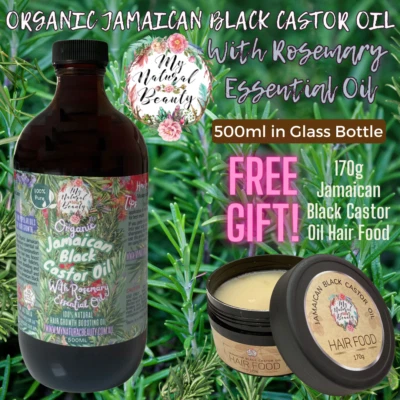 500ml Organic Jamaican Black Castor Oil w/ Rosemary in GLASS bottle + HAIR FOOD