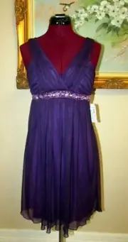NEW JODI KRISTOPHER SZ S PURPLE RHINESTONE/BEADED/SEQUINED DRESS W BUILT IN BRA