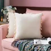 Pack of 2 Velvet Soft Solid Decorative Throw Pillows with Tassels Fringe Boho Accent Cushion for Couch Sofa Bed, Ivory