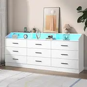 [Gyfimoie] 9 Drawers Dresser for Bedroom with Power Outlet, Chest of Drawers with LED Light, Modern Dressers with Open Storage Cubby, Triple Wide Dressers Organizer for Living Room (White)