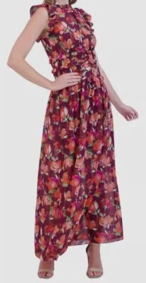 Vince Camuto Women's Purple Ruffled Floral Lined Chiffon Maxi Dress Size: 4
