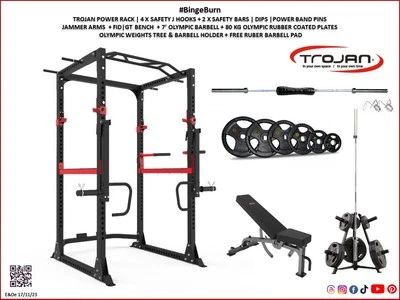 Power Rack & Jammer Arms + FID Bench 80 Kg Plates 7' Olympic Barbell +