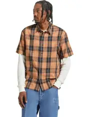 [Brixton] Cru Linen Blend Short Sleeve Woven Shirt in Black/Rust Orange
