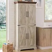 IRONCK Kitchen Pantry Cabinet 72" H, with 9 Shelves, 4 Barn Doors, Drawer, 6 Door Storage Shelves, Farmhouse Freestanding Rustic Wood Cupboard for Kitchen Dining Room Rustic Maple