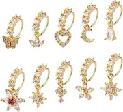 [Gosknor] 10 Pcs Dangle Nose Stud Rings Hoops, Copper Dainty Star Moon Heart Leaf Dangle Nose Hoop Piercing Jewelry for Women Fashion Accessories(Gold), Medium, Copper, no gemstone