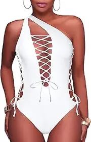 [Holipick] Women Sexy One Piece Swimsuit One Shoulder Bathing Suit Lace Up Swimwear