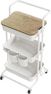 DTK 3 Tier Utility Rolling Cart with Cover Board, Rolling Storage Cart with Handle and Locking Wheels Kitchen Cart with 2 Small Baskets and 4 Hooks for Bathroom Office Balcony Living Room(White)