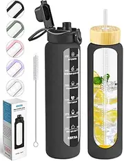 Nefeeko 32 oz Glass Water Bottles with Straw, Motivational Glass Water Bottle with Time Marker, 1 Liter BPA FREE Leakproof Reusable Glass Water Bottle with Silicone Sleeve, Bamboo Lid, Spout Lid