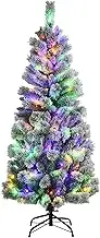 Costway 1.5M/5 ft Pre-lit Snow Flocked Christmas Tree with 9 Lighting Modes & Color Changing LED Lights, Artificial Xmas Hinged Tree with Remote Controll, Xmas Pine Tree Christmas Decor for Home