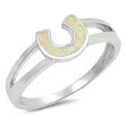 White Lab Opal Horseshoe Good Luck Ring New .925 Sterling Silver Band Sizes 4-10